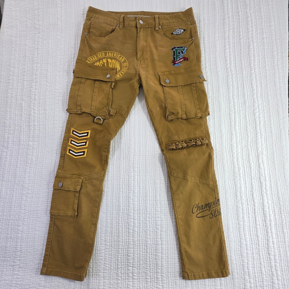 First Row Cognac Applique Tactical Tapered Hypebeast Trousers 32x32
